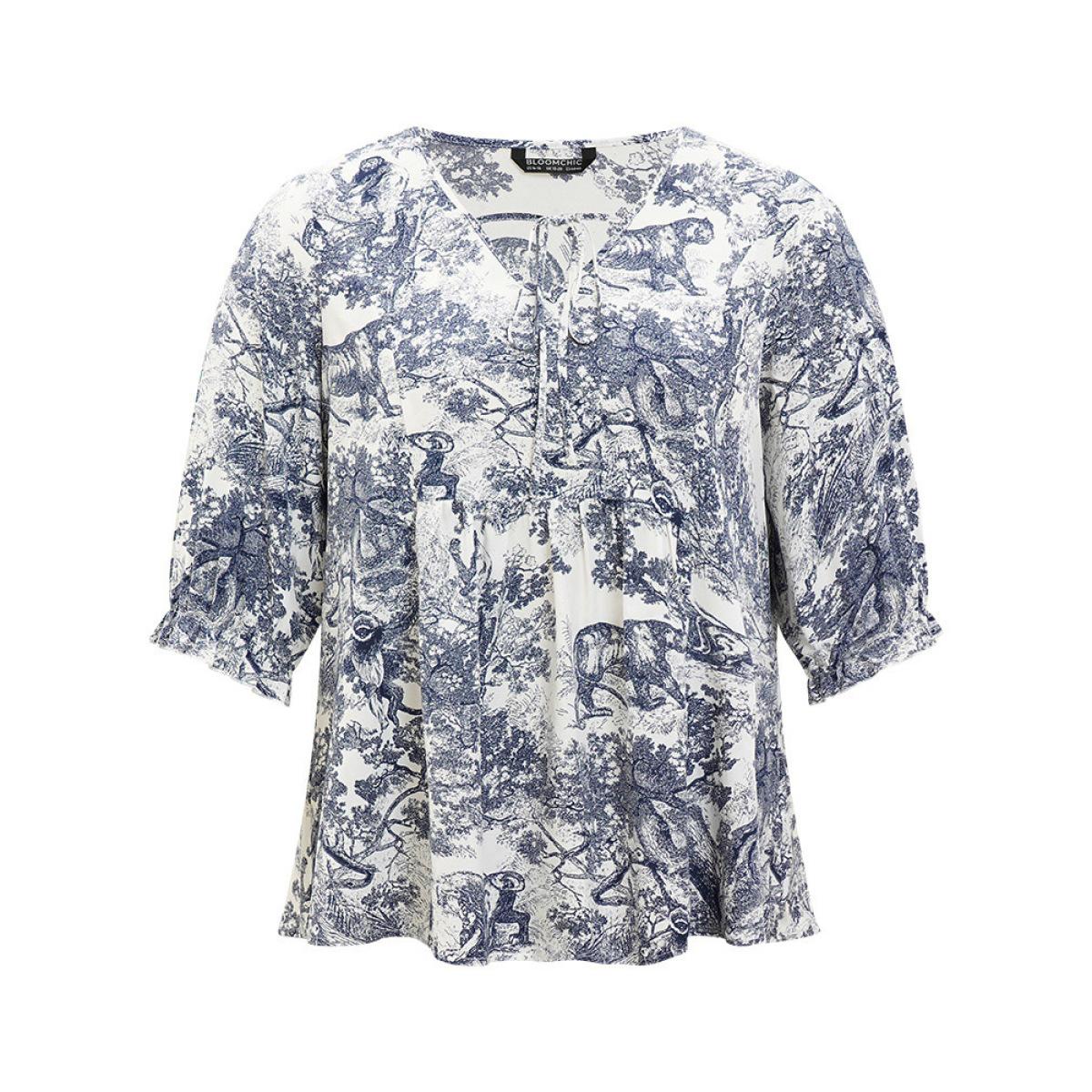 Plus Size Multicolor Print Knot Neck Lantern Sleeve Ruffle Hem Blouse Women Vacation Half Sleeve V-neck Dailywear Blouses BloomChic 18-20/2X Product Image