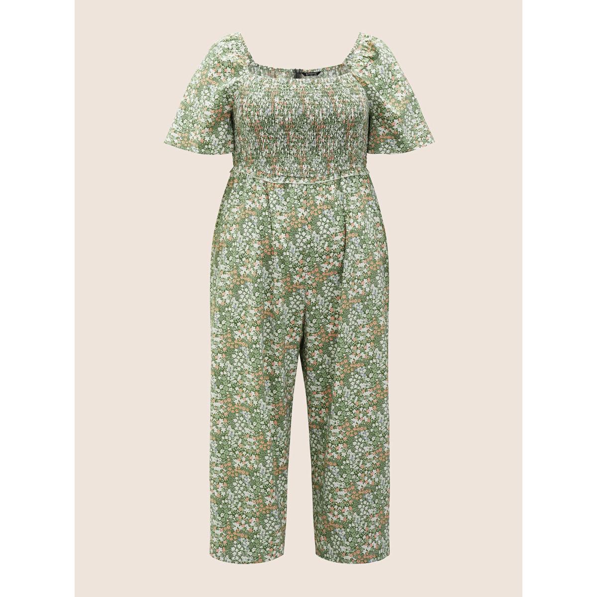 Plus Size Moss Ditsy Floral Shirred Patchwork Pocket Jumpsuit Women Elegant Half Sleeve Square Neck Everyday Loose Jumpsuits BloomChic 14-16/1X Product Image