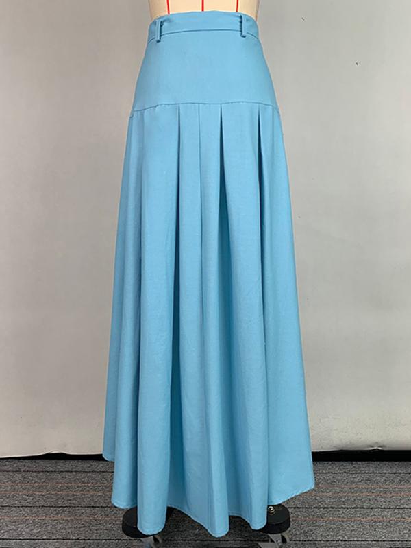 High Waisted High-Low Belted Pleated Solid Color Skirts Bottoms Product Image