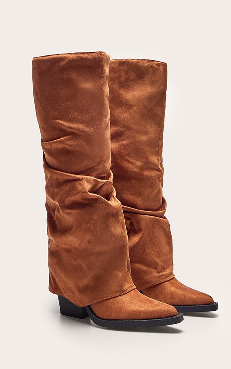 Tan Faux Suede Point Toe Fold Over Block Heel Knee High Boots Product Image