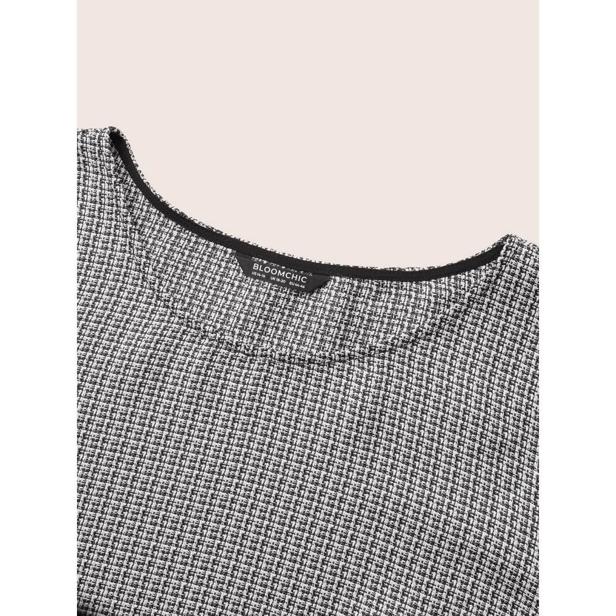 Plus Size Black Tweed Patchwork Ruffle Hem Blouse Women At the Office Short sleeve Round Neck Work Blouses BloomChic 18-20/2X Product Image