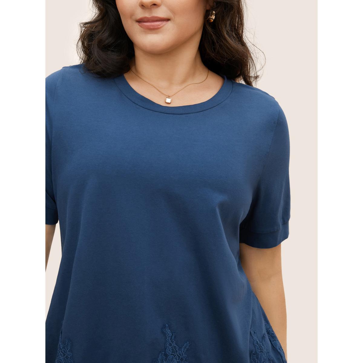 Plus Size Round Neck Solid Lace Panel T-shirt Indigo Women Elegant Patchwork Round Neck Everyday T-shirts BloomChic 12/L Product Image