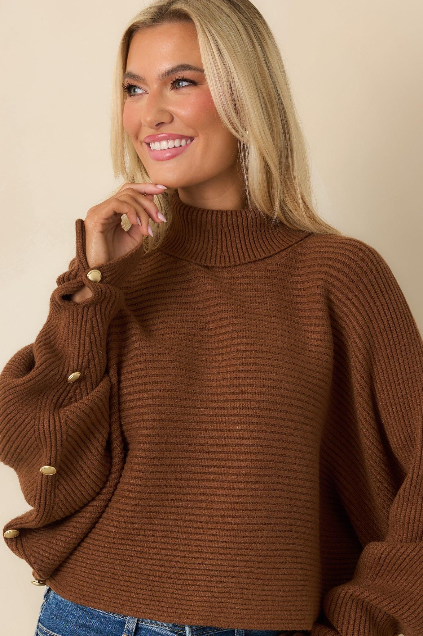Polished Path Brown Ribbed Batwing Cropped Turtleneck Sweater Product Image