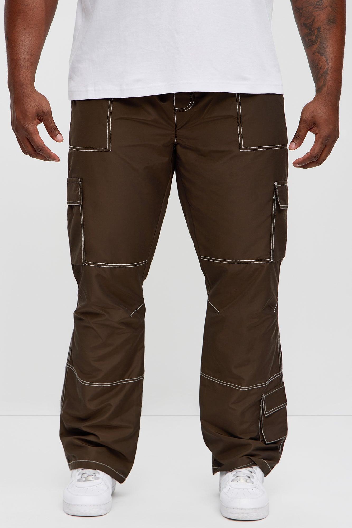 Contrast Stitch Nylon Flared Cargo Pants - Brown Product Image