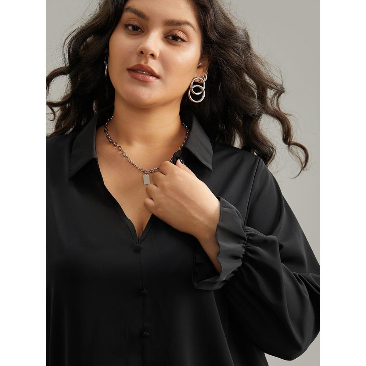 Plus Size Black Static-Free Solid Button Detail Frill Trim Blouse Women Office Long Sleeve Shirt collar Office Blouses BloomChic 10/M Product Image