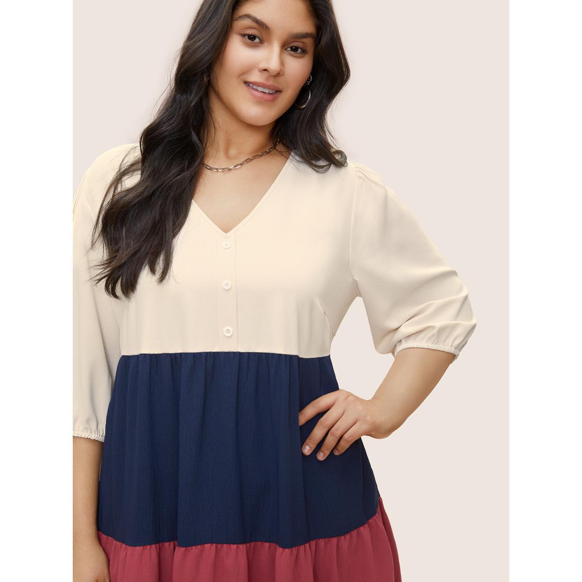 Plus Size Colorblock Contrast Button Detail Layered Hem Dress Multicolor Women Casual Non V-neck Elbow-length sleeve Curvy Midi Dress BloomChic 12/L Product Image