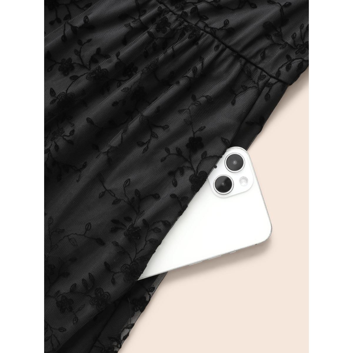 Plus Size Floral Flocking Mesh Sleeveless Dress Black Women Elegant Texture V-neck Sleeveless Curvy BloomChic 22-24/3X Product Image