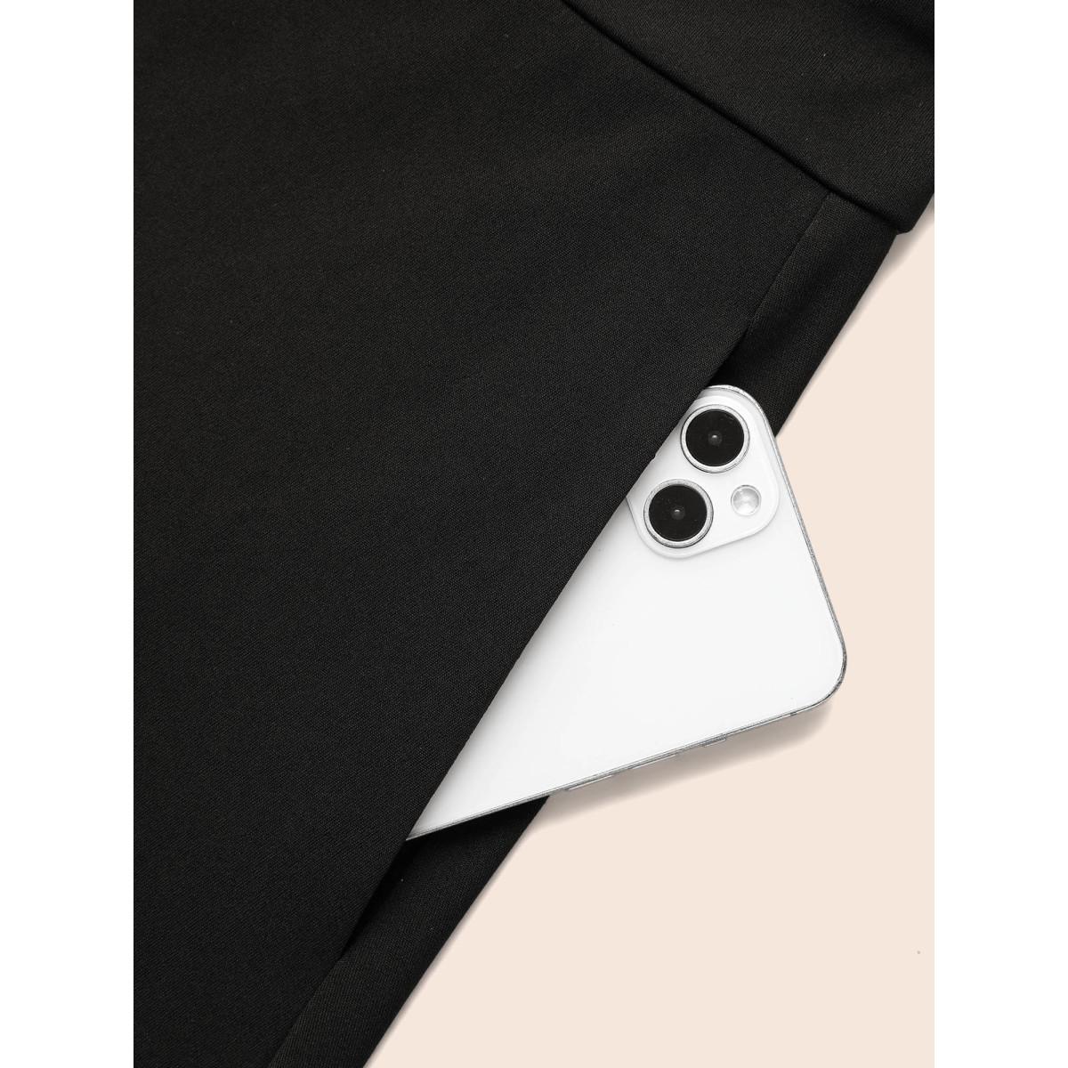 Plus Size Solid Round Neck Shirred Midi Dress Black Women At the Office Shirred Round Neck Elbow-length sleeve Curvy BloomChic 14-16/1X Product Image