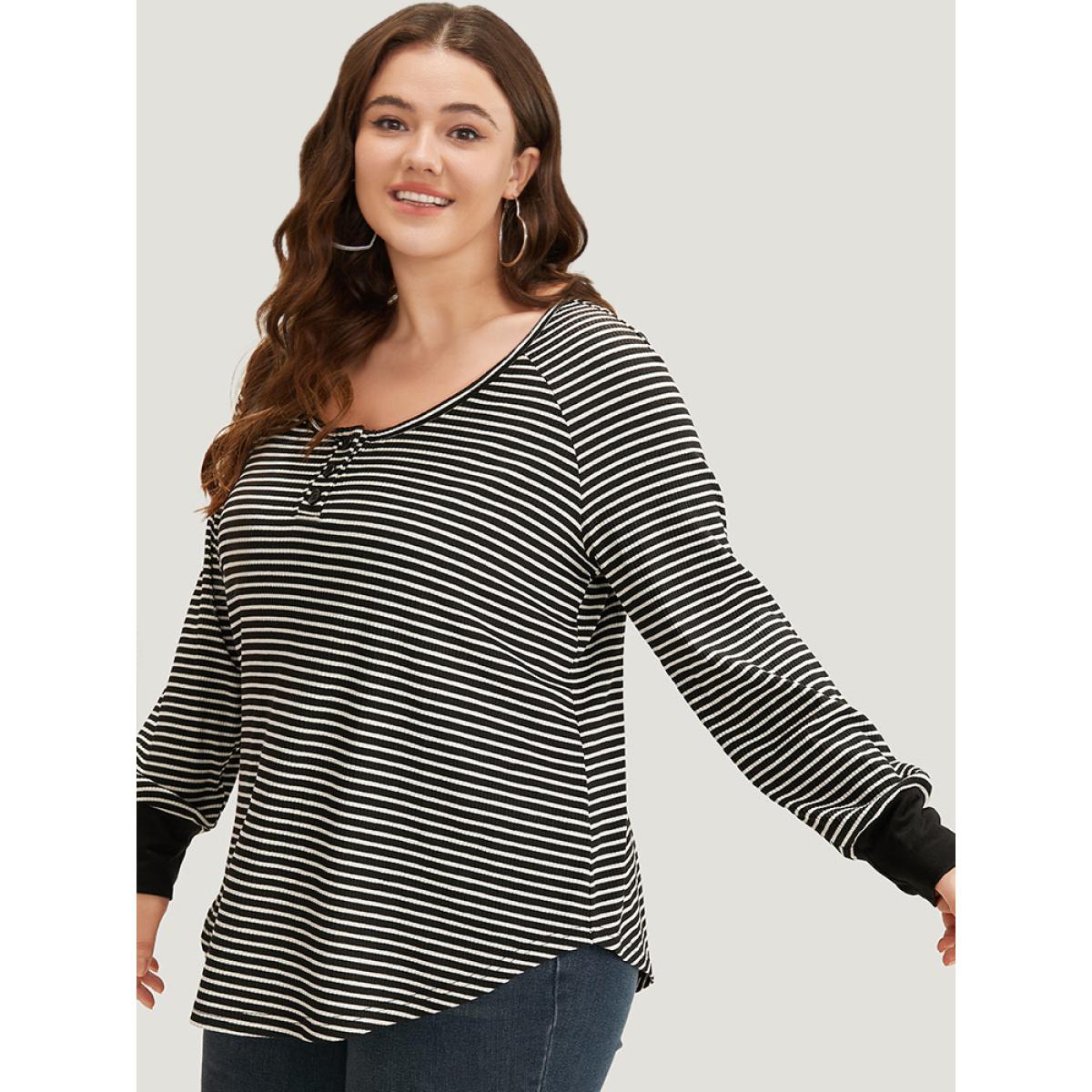 Plus Size Striped Button Up Curved Hem Patchwork T-shirt Black Women Casual Elastic cuffs Striped Open Front Dailywear T-shirts BloomChic 10/M Product Image