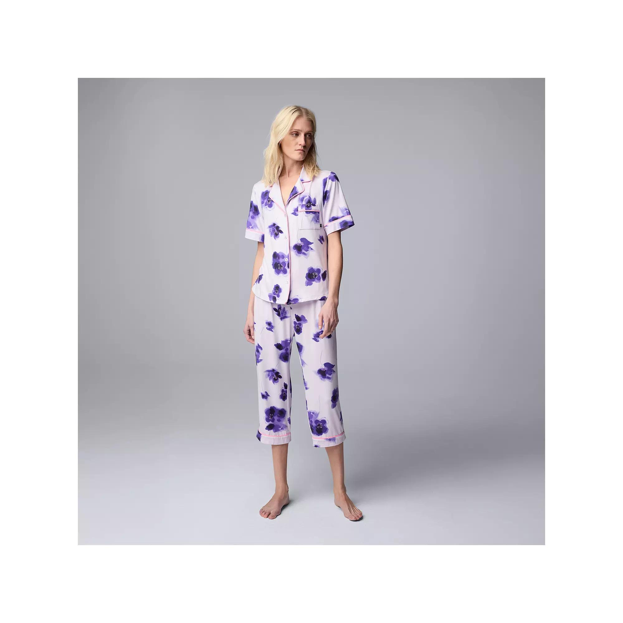 Women's Simply Vera Vera Wang 2-Piece Short Sleeve Notch Collar Pajama Top & Capri Pajama Bottoms Set, Size: Medium, Purple Floral Product Image