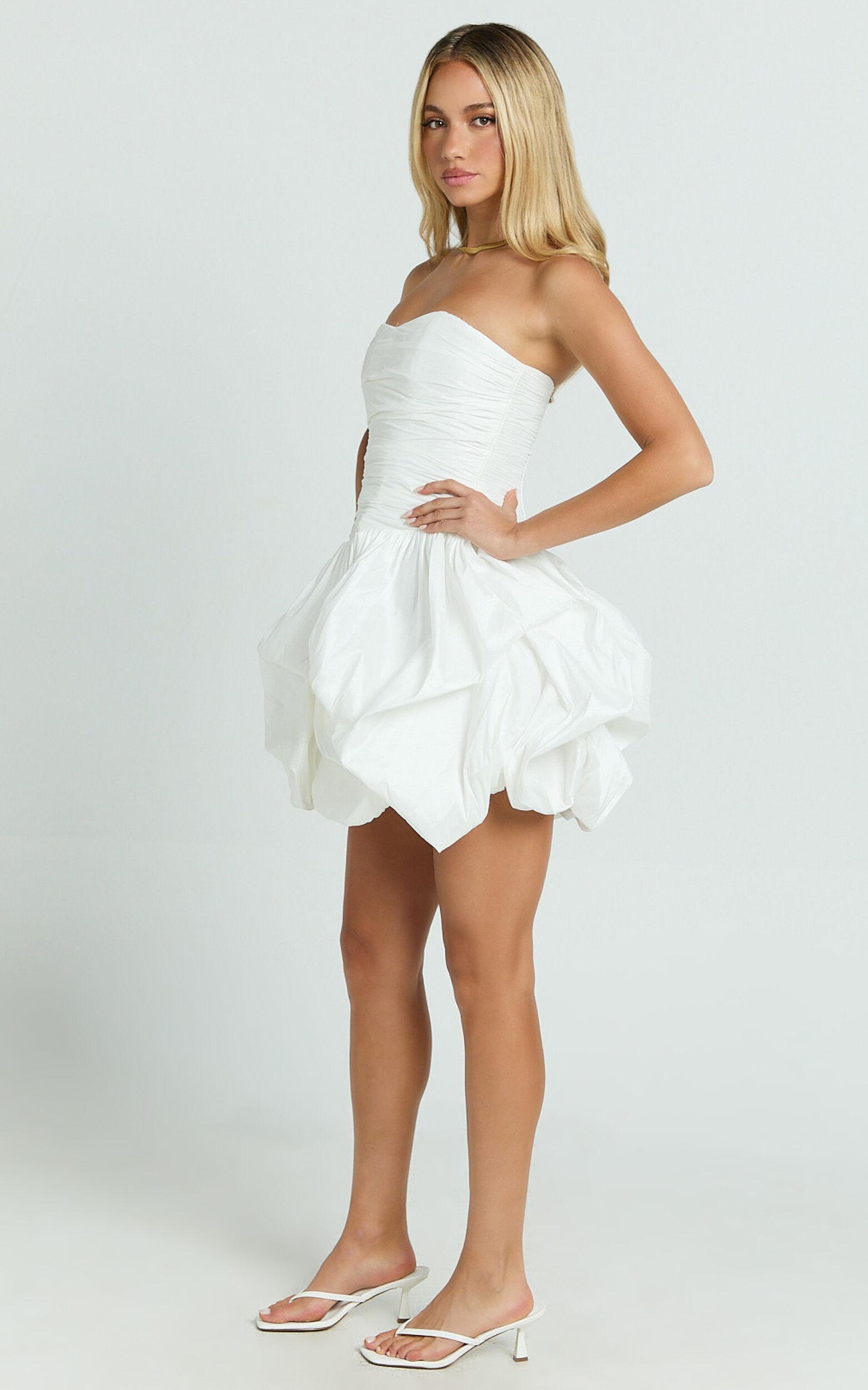 Deb Mini Dress - Ruched Strapless Bubble Hem Dress in Off White Product Image