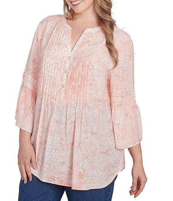 Ruby Rd. Plus Size Soft Silky Slub Patchwork Band V-Neck 3/4 Bell Sleeve Pleated Flowy Blouse Product Image