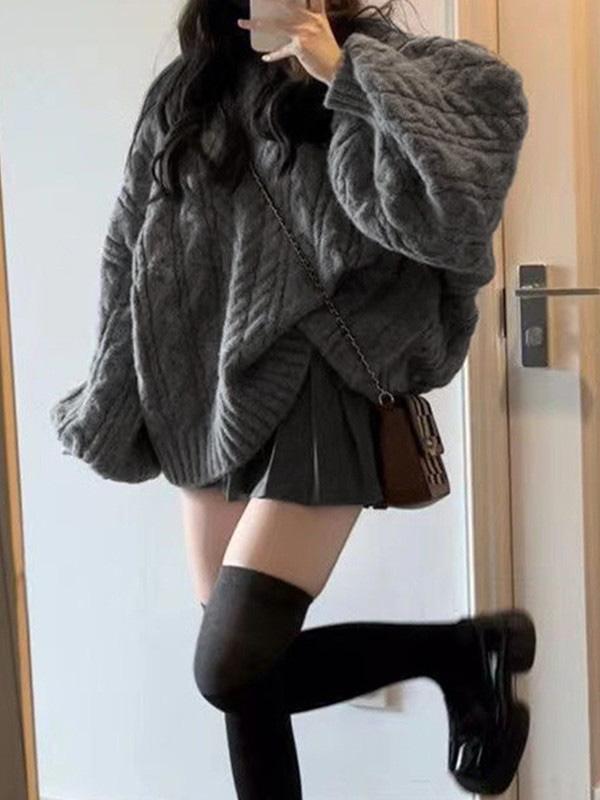 Oversize V Neck Gray Cable Knit Sweater Product Image