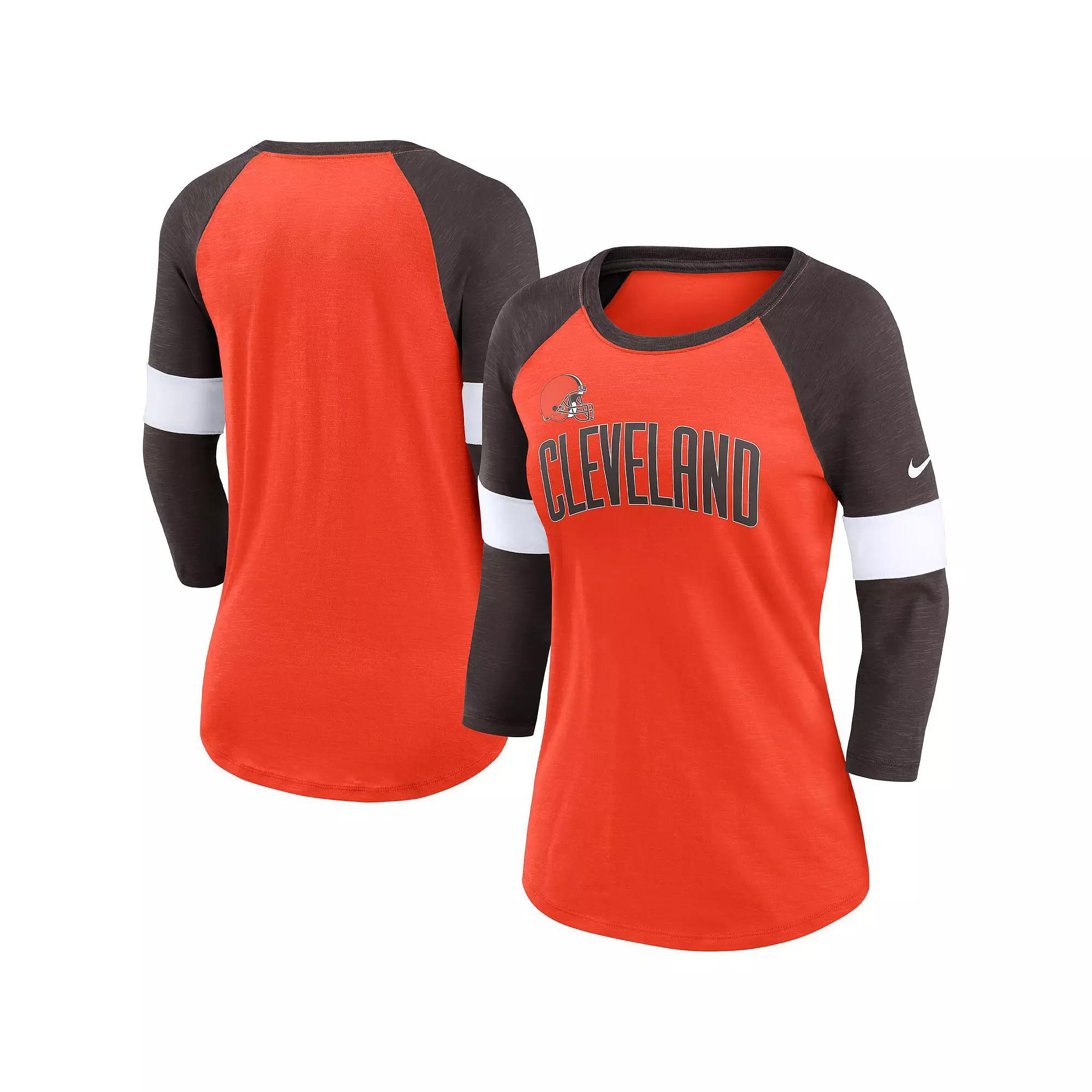 Women's Nike Cleveland Browns Heathered Orange/Brown Football Pride Slub 3/4 Raglan Sleeve T-Shirt, Size: Small Product Image