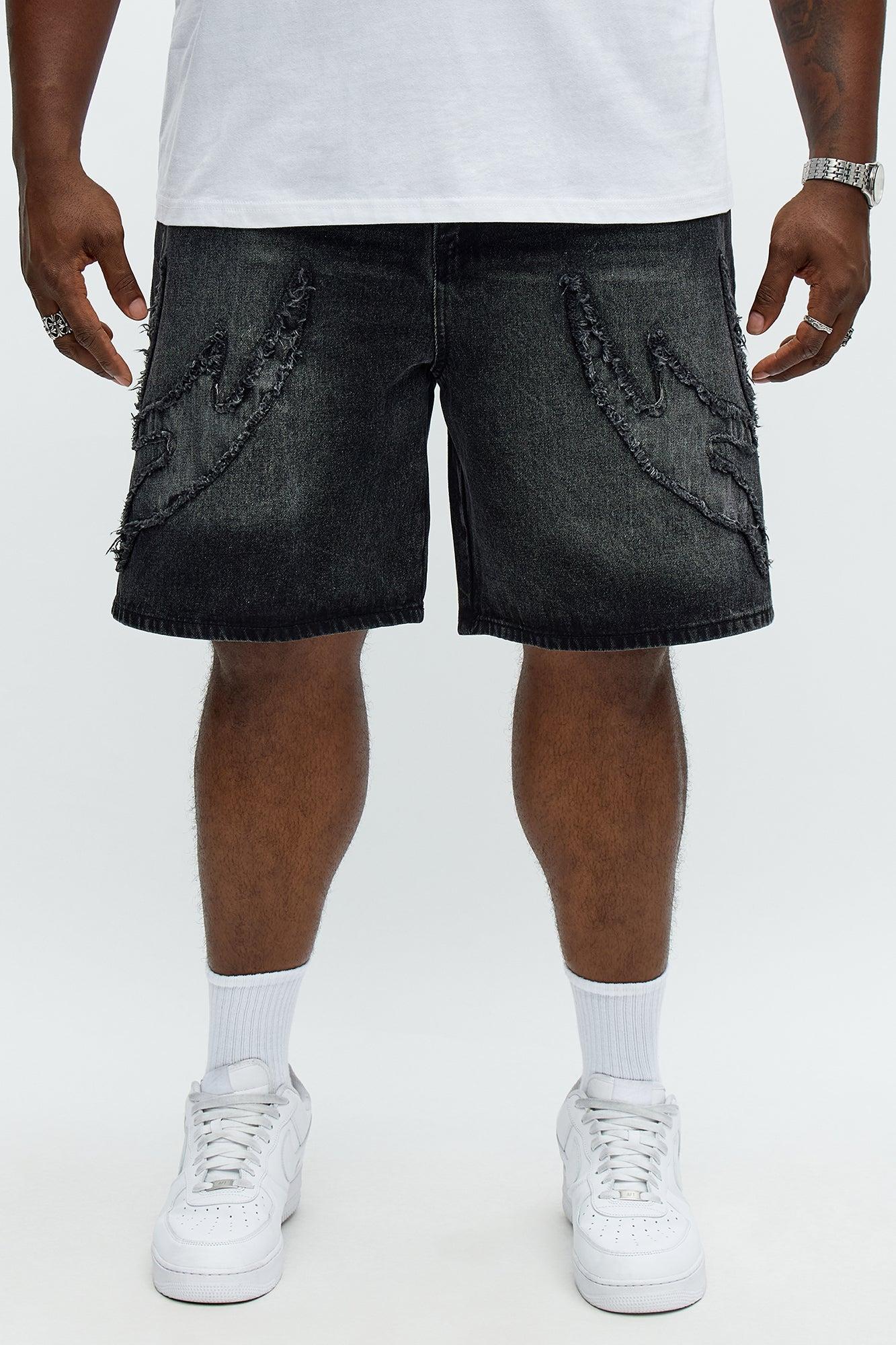 Relaxed Rugged Fray Denim Shorts - Black Wash Product Image