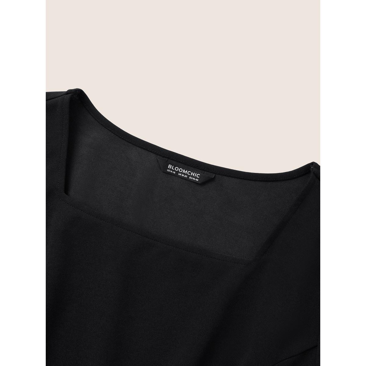 Plus Size Black Square Neck Waist Tab Gathered Blouse Women Workwear Essentials Short sleeve Square Neck Work Blouses BloomChic 10/M Product Image
