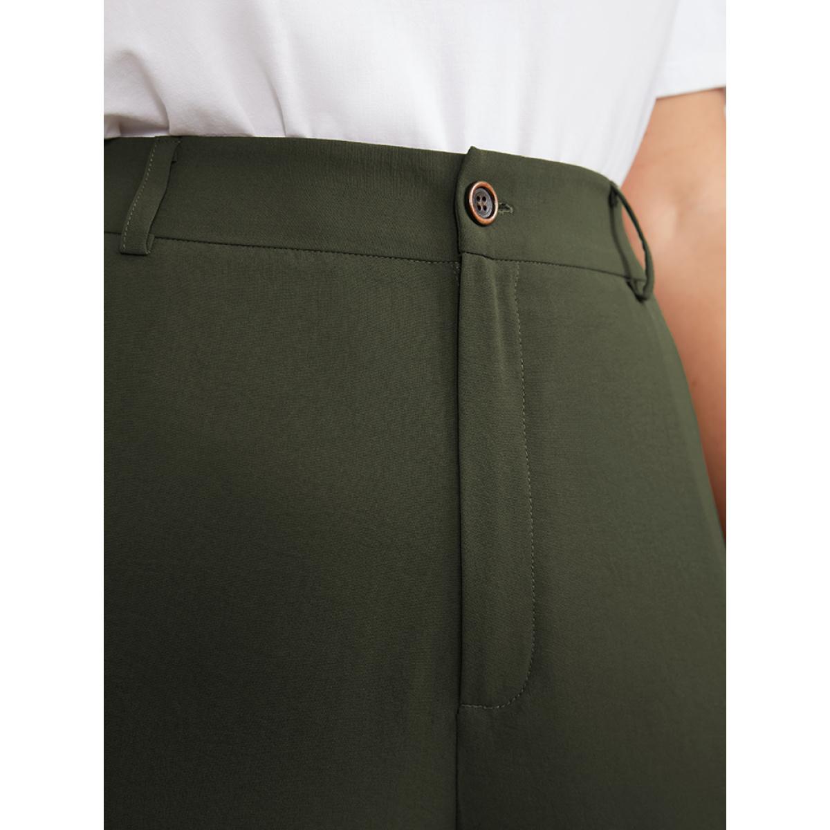 Plus Size Solid Pocket Wide Leg Pants Women ArmyGreen Office Mid Rise Office Pants BloomChic 10/M Product Image