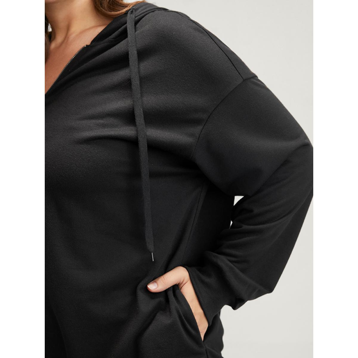 Plus Size Solid Zipper Front Pocket Drawstring Hooded Sweatshirt Women Black Casual Zipper Hooded Dailywear Sweatshirts BloomChic 30/6X Product Image