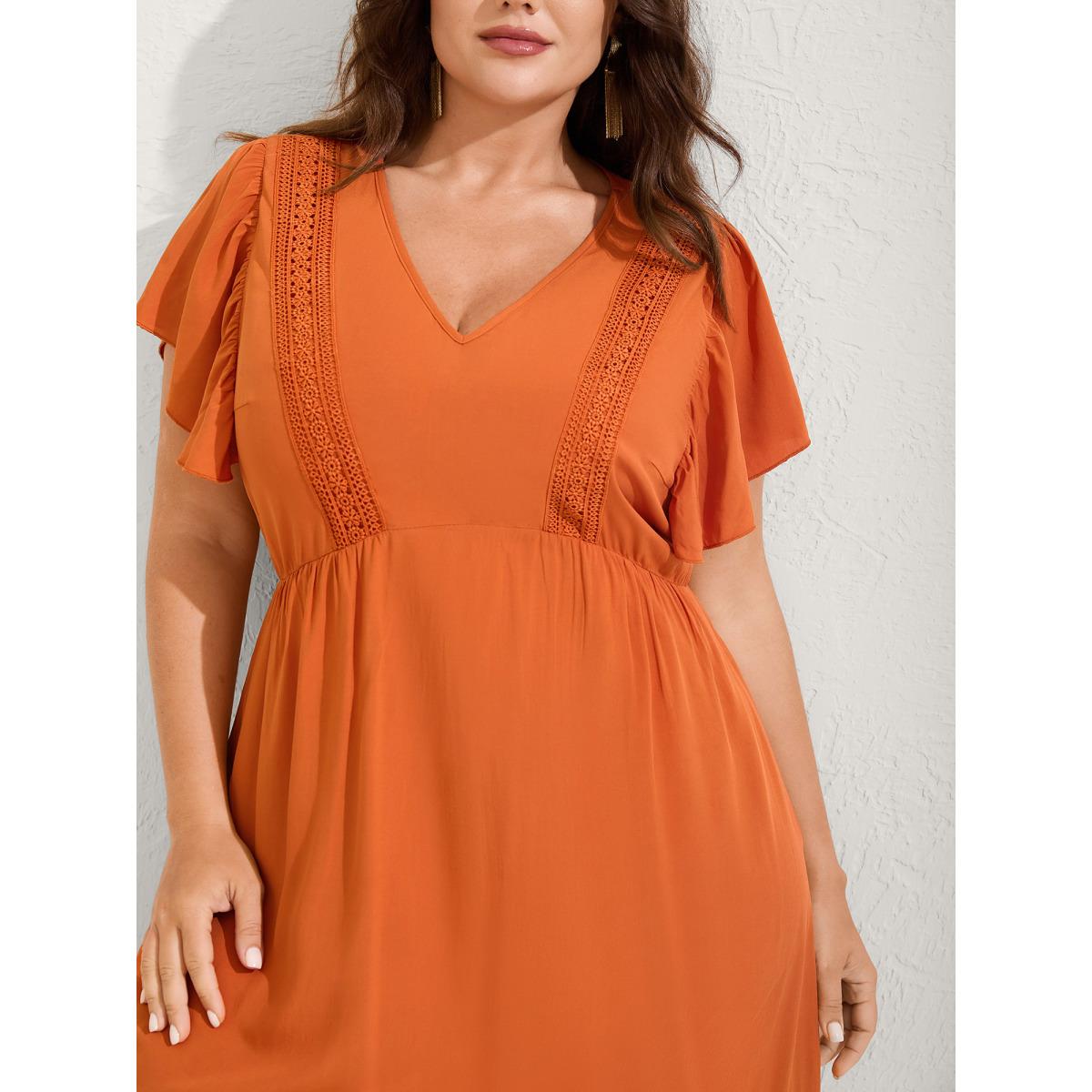 Plus Size Rayon Stretchy Waist Lace Midi Dress OrangeRed Women Boho V-neck Short sleeve Curvy BloomChic 12/L Product Image