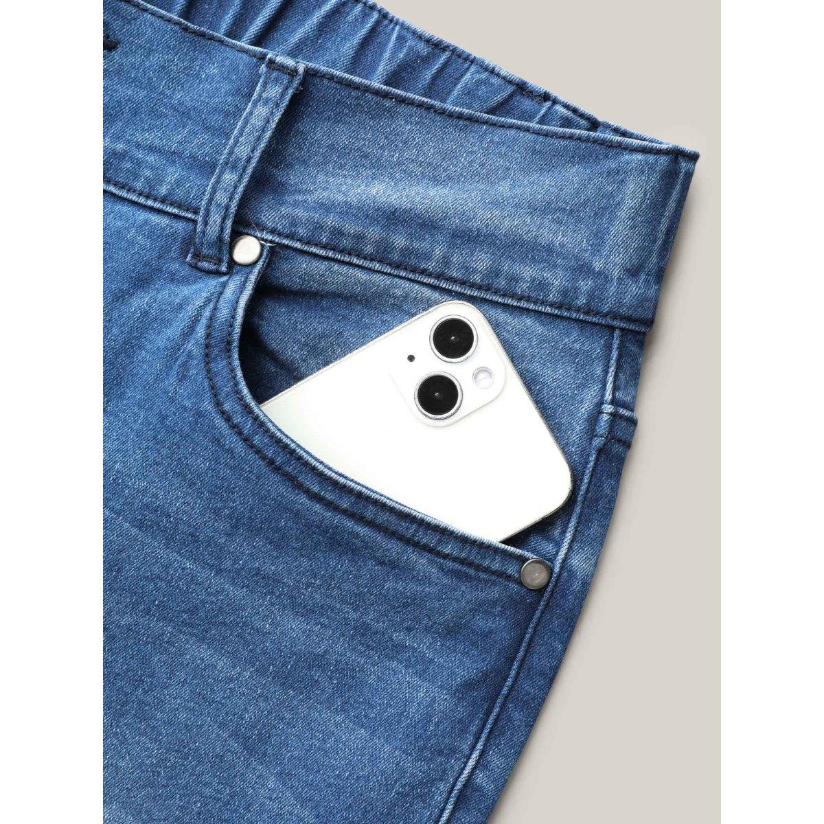 Plus Size Whiskered Stretchy Waist Bootcut Jeans Women Midblue Leisure Button Medium stretch Slanted pocket Jeans BloomChic 24/3X Product Image