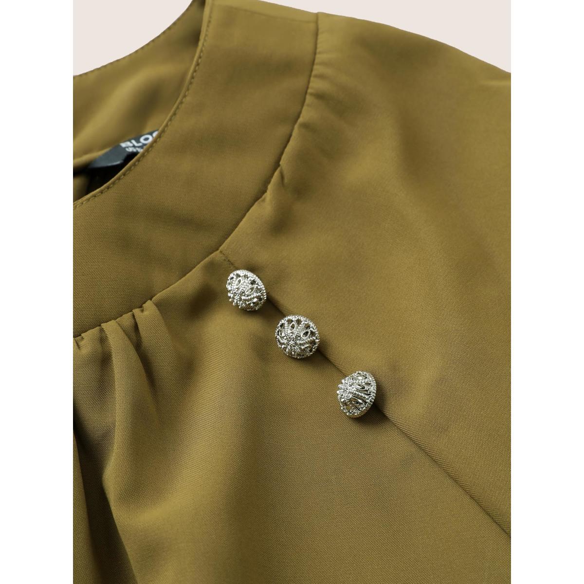 Plus Size ArmyGreen Static-Free Plain Gathered Button Detail Blouse Women At the Office Elbow-length sleeve Round Neck Work Blouses BloomChic 28/5X Product Image