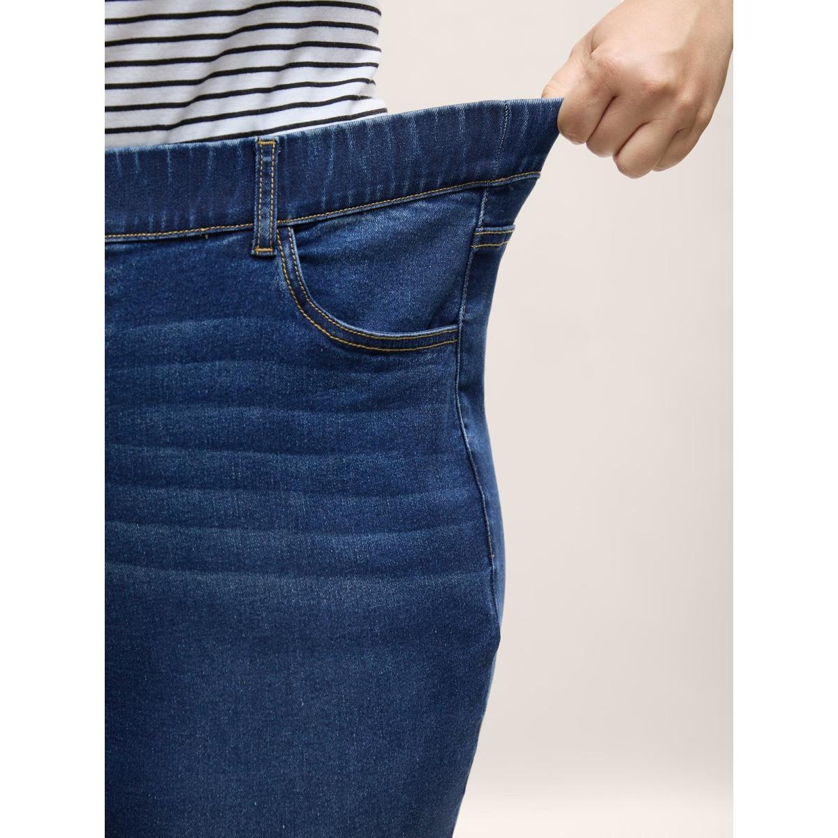 Plus Size Stretchy Waist Whiskered Bootcut Jeans Women Denimindigo Elegant Medium stretch Slanted pocket Jeans BloomChic 30/6X Product Image