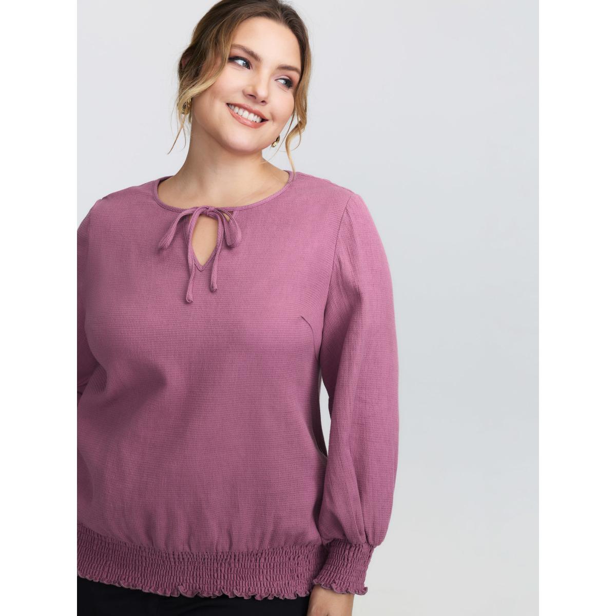 Plus Size Mauve Pure Cotton Textured Shirred Blouse Women Leisure Extra Long Sleeve Round Neck Elegant Blouses BloomChic 30/6X Product Image