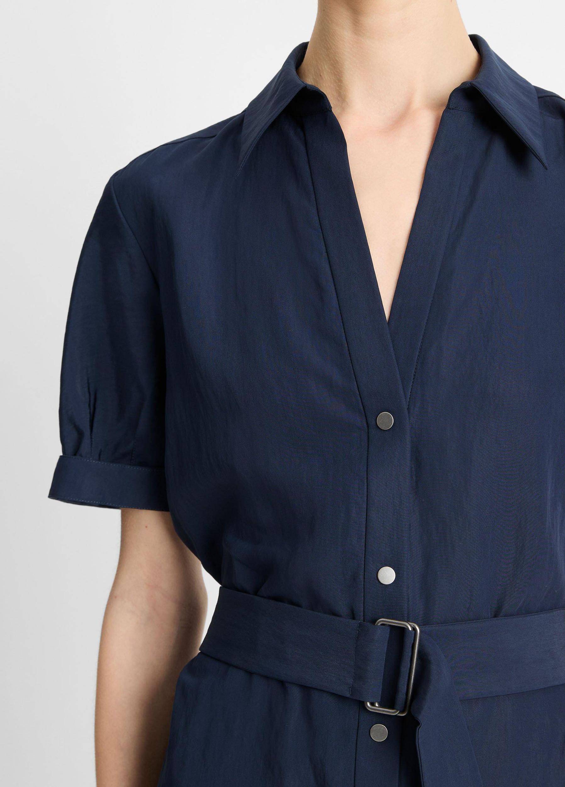 Cuffed-Sleeve Belted Shirt Dress Product Image