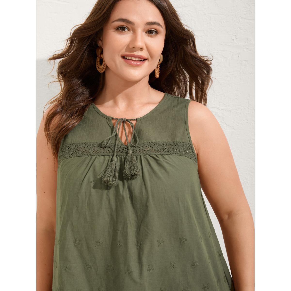 Plus Size Cotton Eyelet Embroidered Flowy Tank Top Women ArmyGreen Boho Woven ribbon&lace trim Notched collar Vacation Tank Tops Camis BloomChic 30/6X Product Image