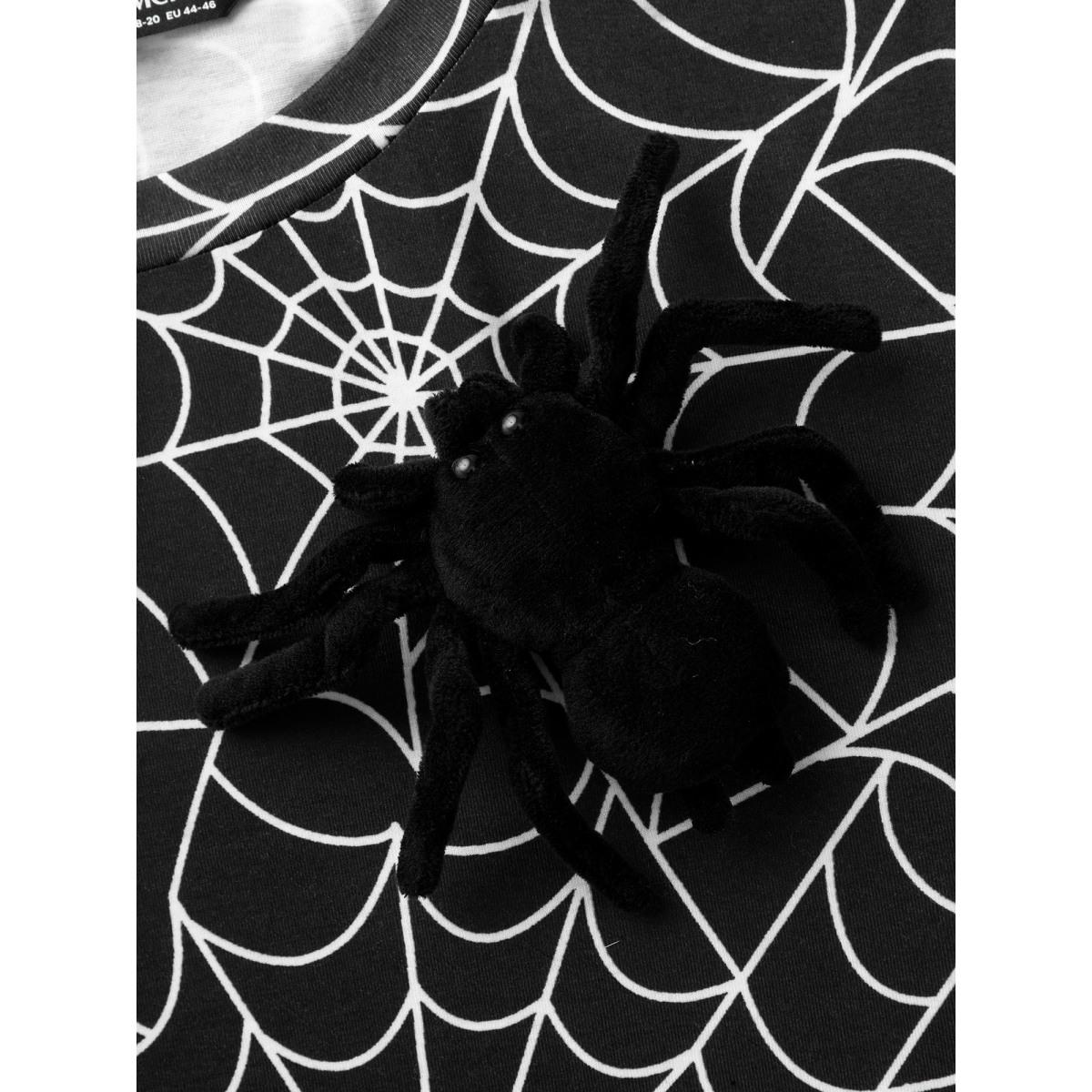 Plus Size 3D Spider Printed Slim-Fit T-shirt Black Women Casual Patchwork Halloween Round Neck Bodycon Everyday T-shirts BloomChic 14-16/1X Product Image