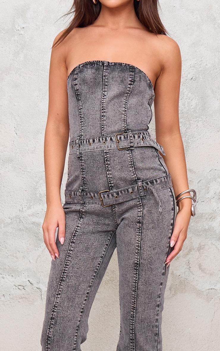 Washed Grey Buckle Detail Straight Leg Denim Jumpsuit Product Image