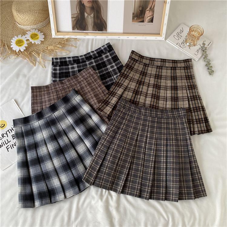 High Waist Plaid Pleated Mini Skirt Product Image