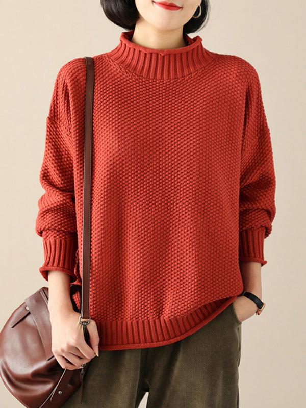 Casual Loose Long Sleeves Solid Color High-Neck Sweater Tops Product Image