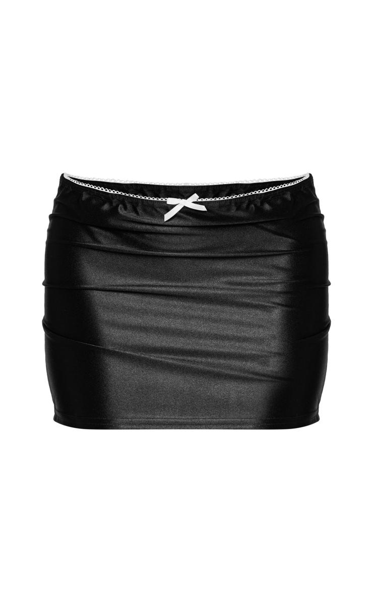 Black Picot Bow Trim Stretch Satin Mini Skirt Product Image