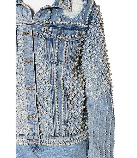 Azalea Wang Alara Pearl Embellished Collared Cropped Denim Jacket Product Image