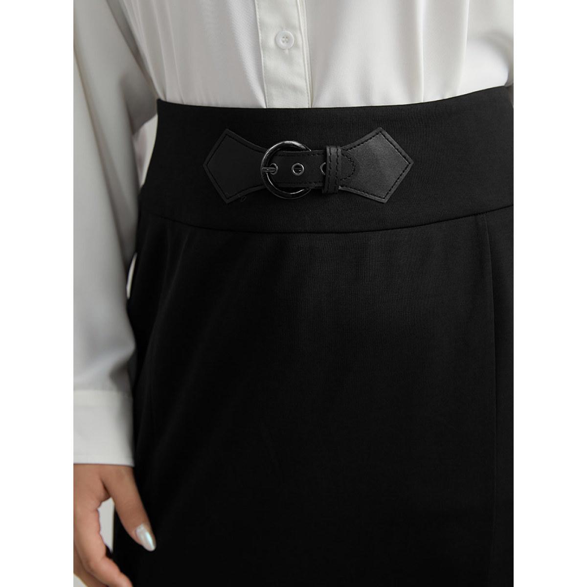 Plus Size Plain Ruffles Buckle Detail Mermaid Hem Skirt Women Black Office Style accents Bodycon Medium stretch Work Skirts BloomChic 26/4X Product Image