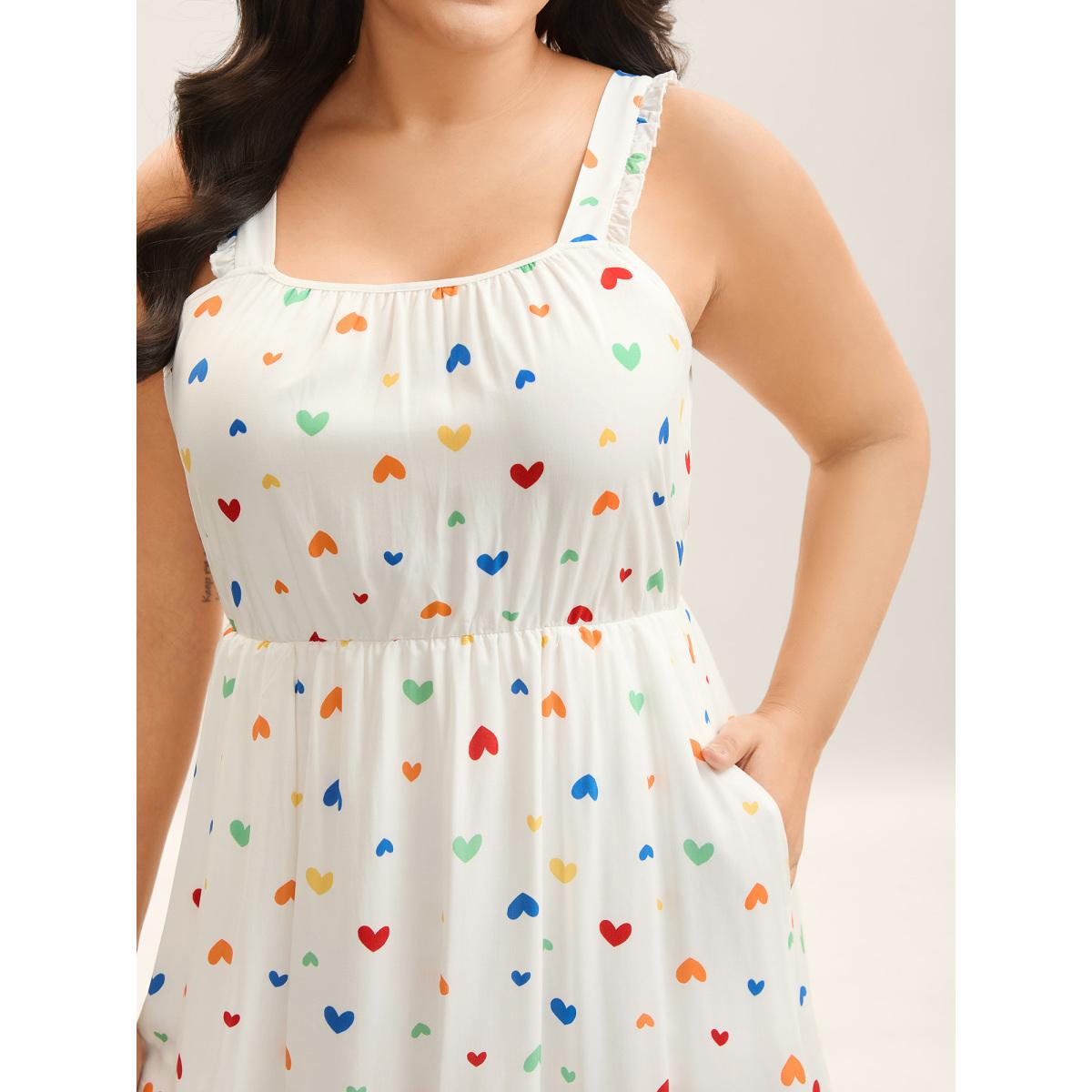 Plus Size Colorful Hearts Print Pockets Midi Dress Ivory Women Square Neck Sleeveless Curvy BloomChic 14-16/1X Product Image