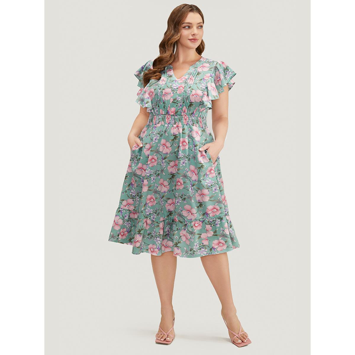 Plus Size Floral Pleated Shirred Notched Pocket Ruffle Trim Shirred Dress Mint Women Elegant Pleated Notched collar Cap Sleeve Curvy Midi Dress BloomChic 30/6X Product Image