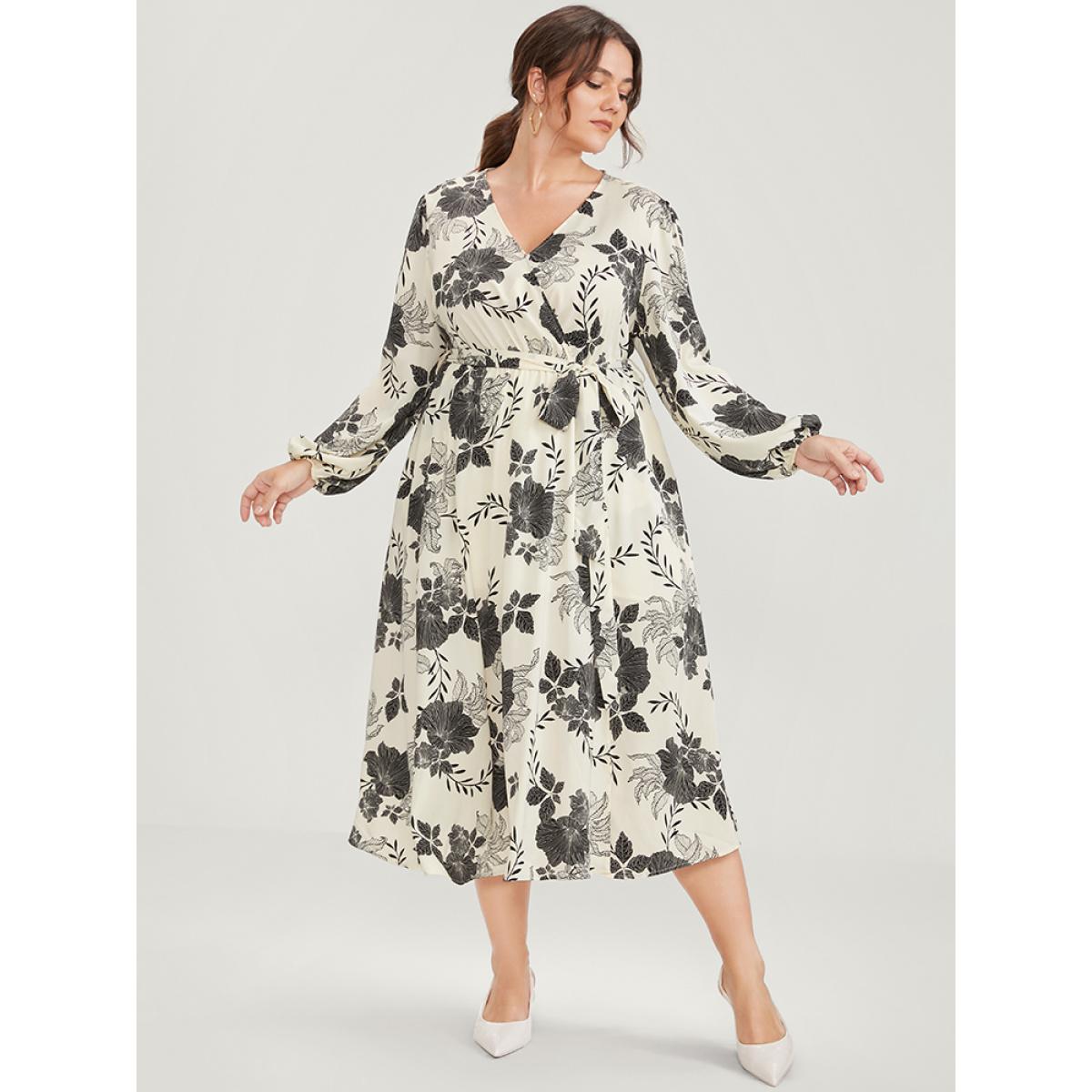 Plus Size Floral Print Lantern Sleeve Pocket Split Belted Dress Beige Women Elegant Belted V-neck Long Sleeve Curvy Midi Dress BloomChic 18-20/2X Product Image
