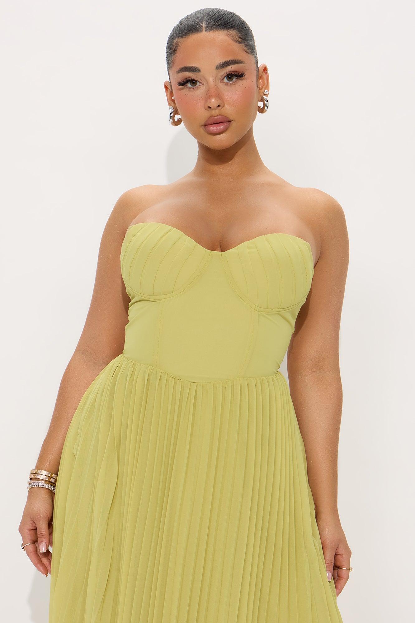 Stephanie Chiffon Pleated Gown - Chartreuse Product Image