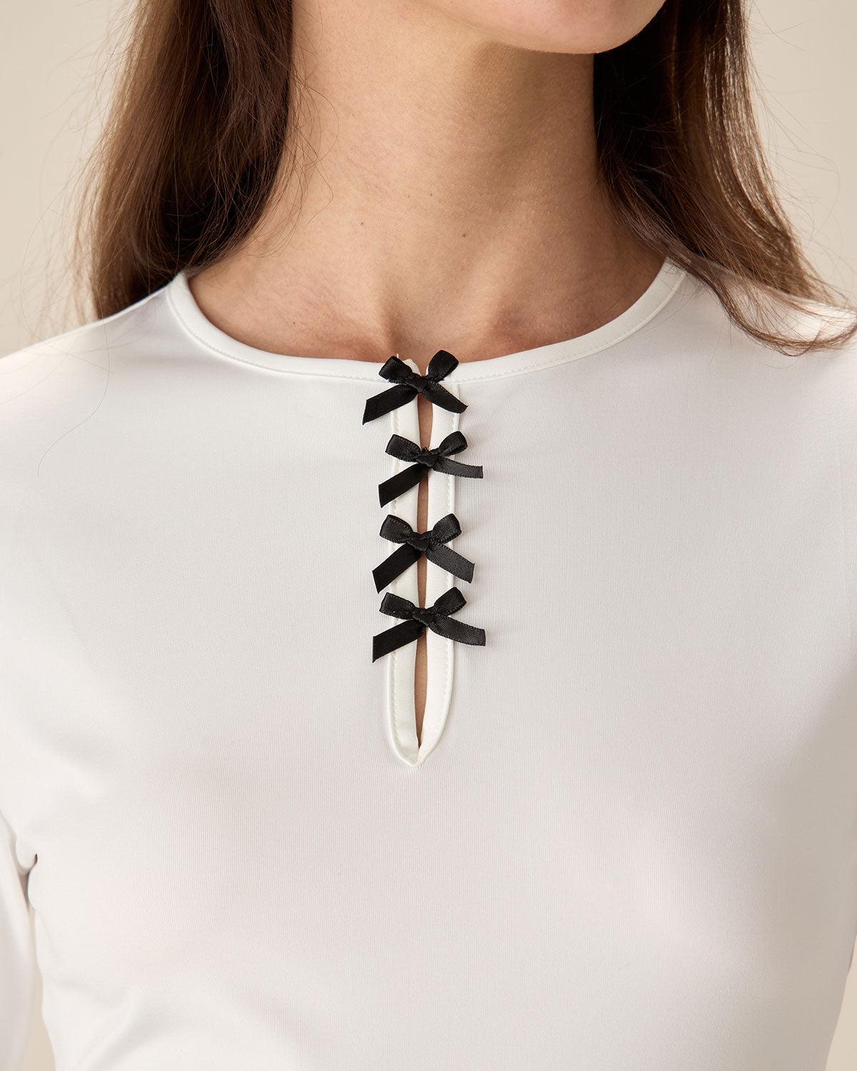 White Contrasting Bowknot Slim Tee Product Image