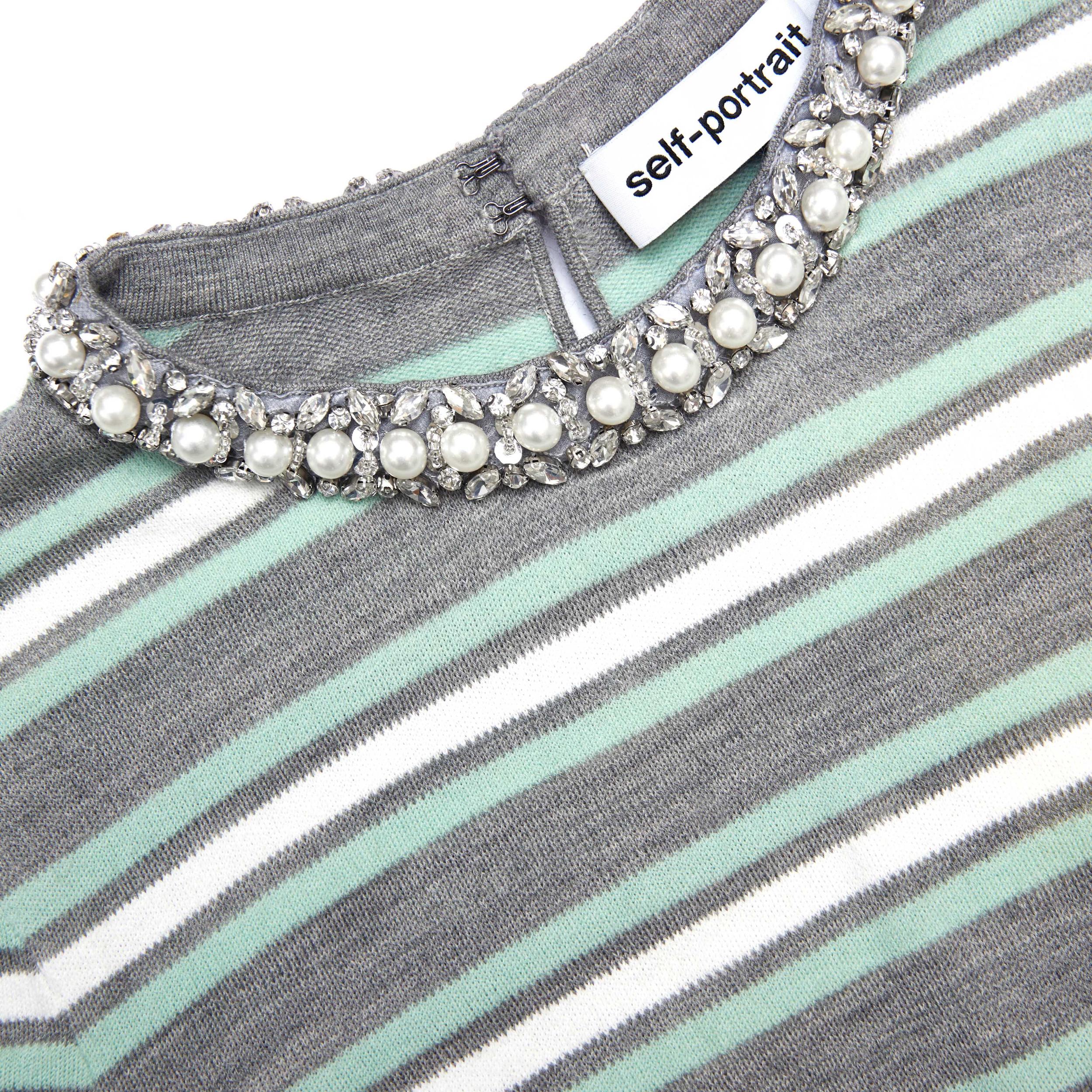 Grey Striped Crystal Trim Knit Top Product Image