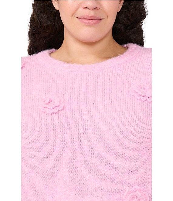 CeCe Plus Size Knit Crew Neck Long Sleeve 3D Flower Sweater Product Image