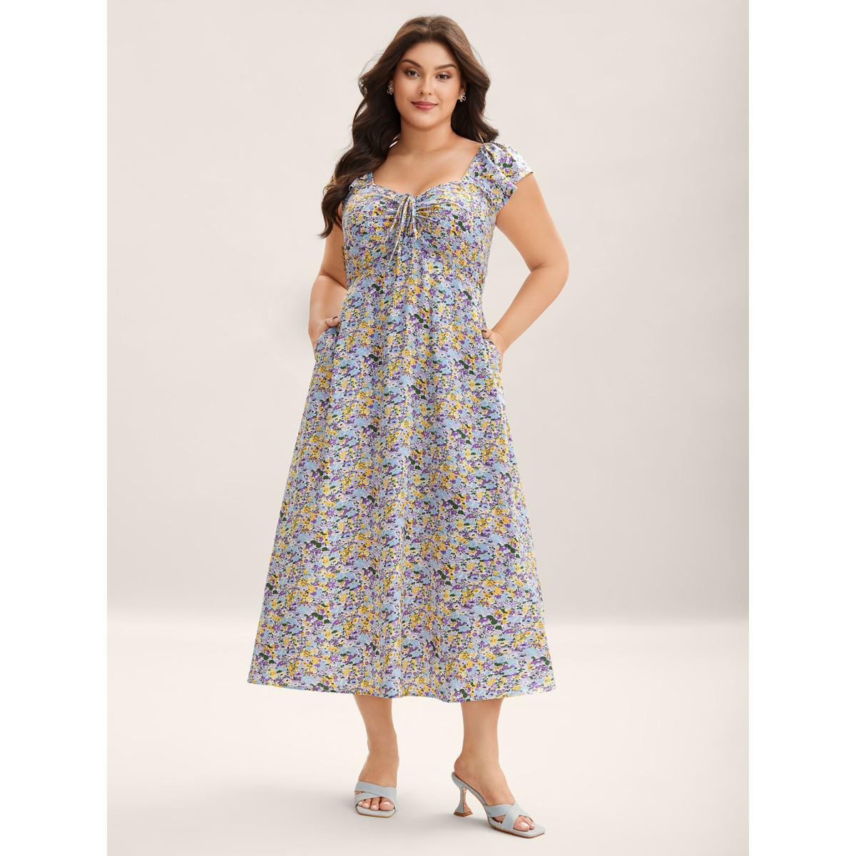 Plus Size Ditsy Floral Print Neck Tie Midi Dress Lilac Women Timeless Heart neckline Cap Sleeve Curvy BloomChic 26/4X Product Image
