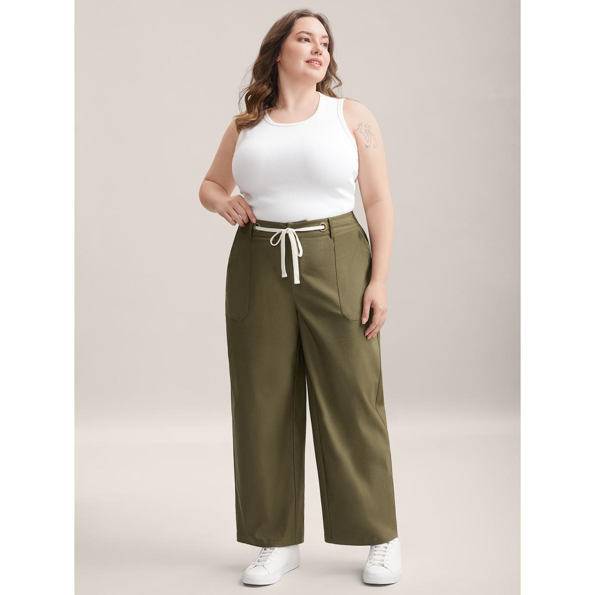 Plus Size Drawstring Waist Straight-Leg Pants Women ArmyGreen Casual Straight Leg Mid Rise Everyday-Casual Pants BloomChic 12/L Product Image