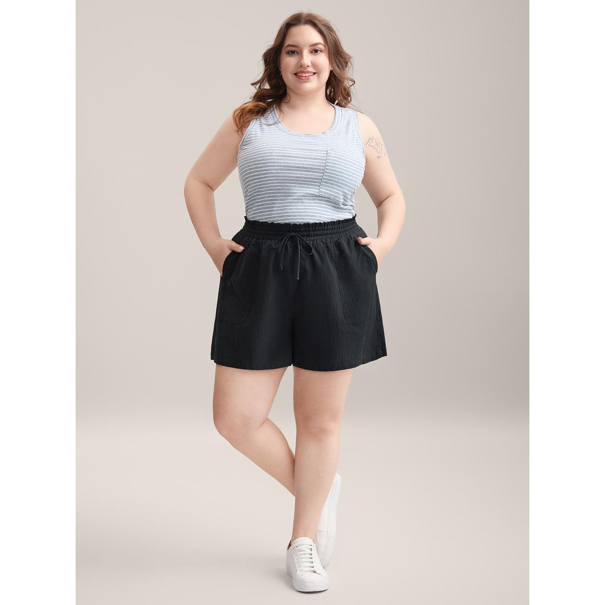 Plus Size Drawstring Waist Pockets Straight-Leg Shorts Women Black Casual Drawstring Straight Leg Casual Shorts BloomChic 22-24/3X Product Image