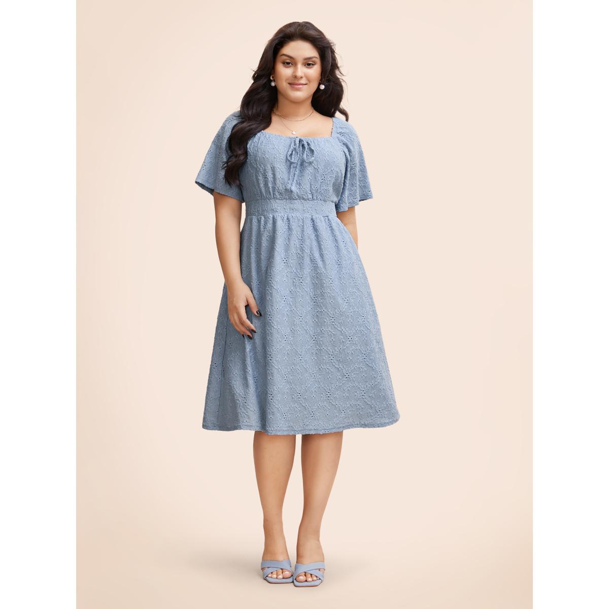 Plus Size Textured Bowknot Ruffle Sleeve Dress Stone Women Elegant Tie knot Square Neck Short sleeve Curvy BloomChic 26/4X Product Image