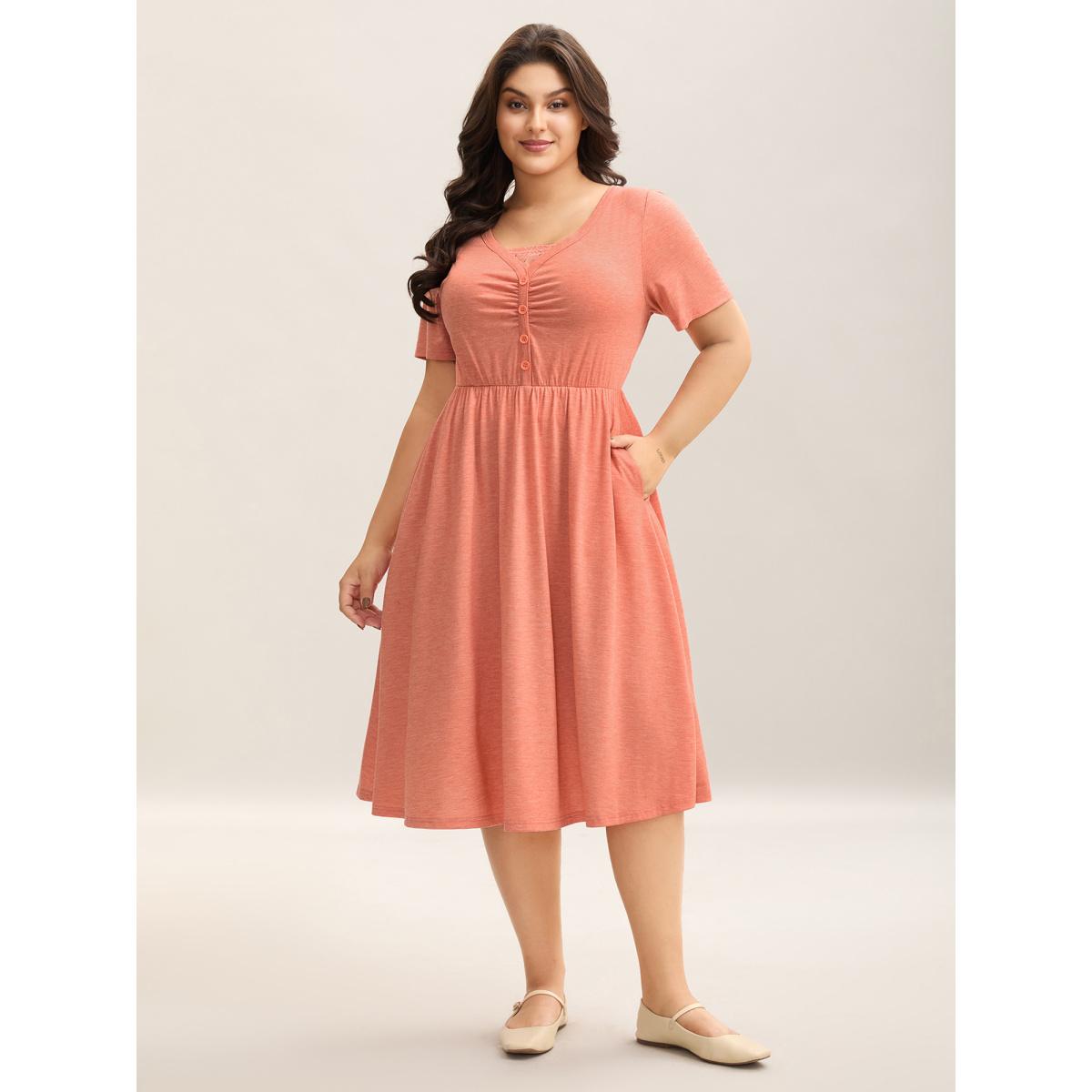 Plus Size Stretchy Knit Ruched Pockets Midi Dress Salmon Women Knit Dresses Bloomchic 22-24/3X Product Image