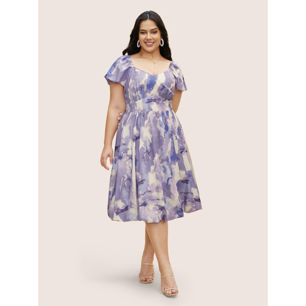 Plus Size Watercolor Floral Bubble Hem Pockets Dress DarkViolet Women Romantic Gathered Heart neckline Cap Sleeve Curvy BloomChic 14-16/1X Product Image