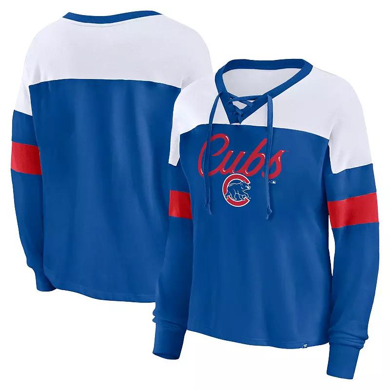Women's Fanatics Branded Royal/White Chicago Cubs Even Match Lace-Up Long Sleeve V-Neck T-Shirt, Size: Small, Blue Product Image